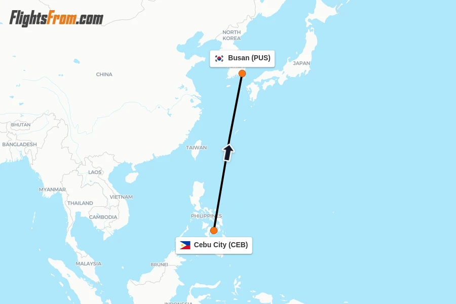 Flights from Cebu City to Busan route map