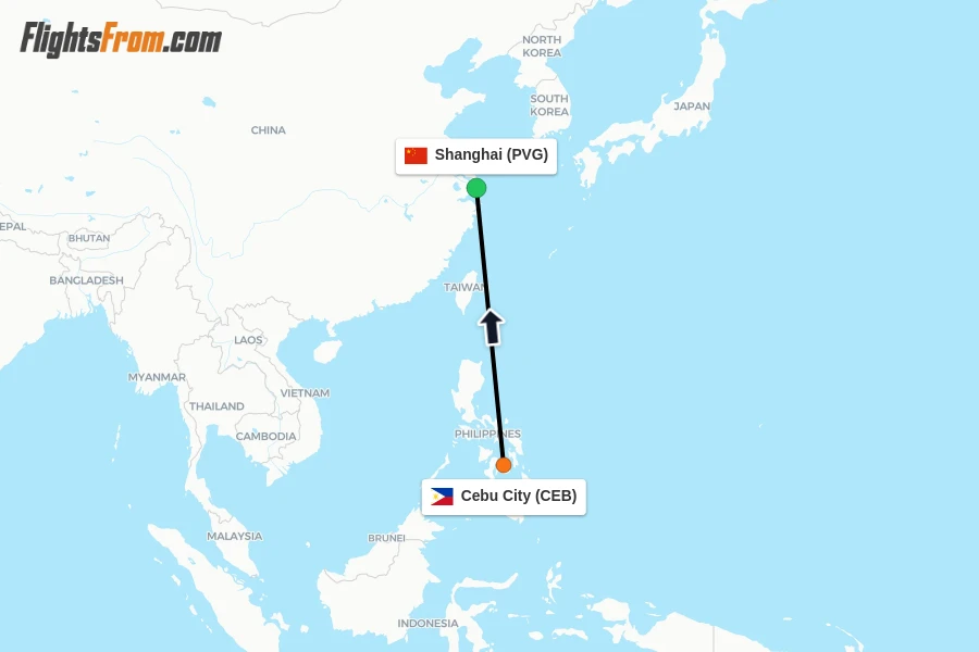 Flights from Cebu City to Shanghai route map