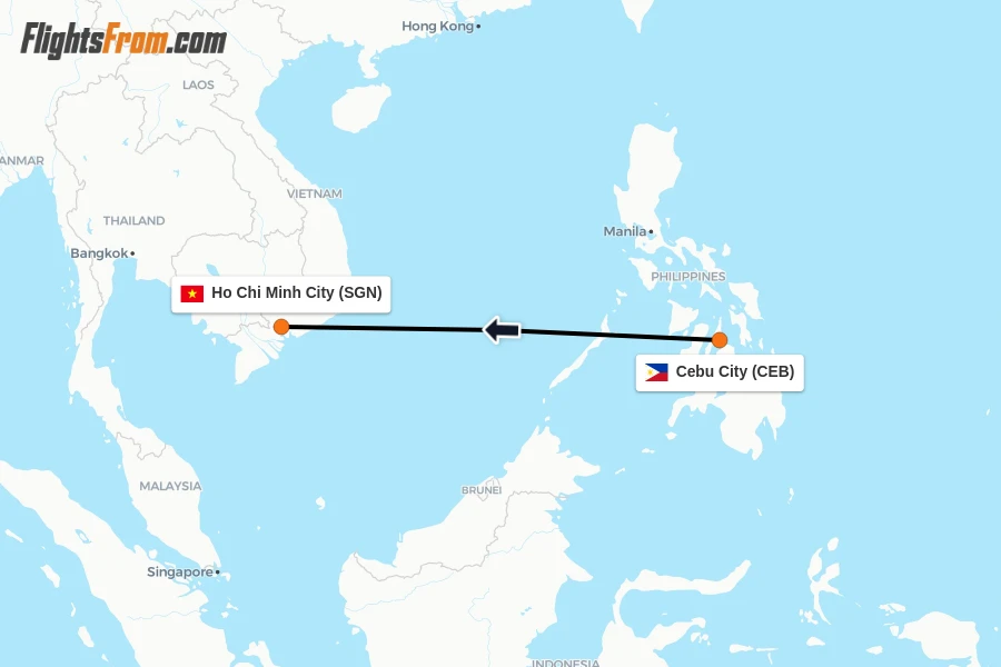 Flights from Cebu City to Ho Chi Minh City route map