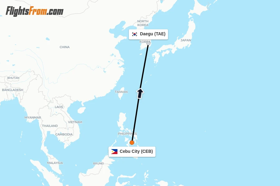 Flights from Cebu City to Daegu route map
