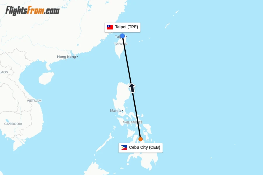Flights from Cebu City to Taipei route map
