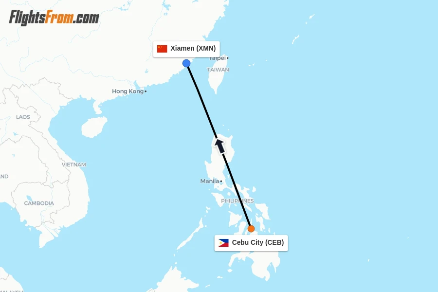 Flights from Cebu City to Xiamen route map