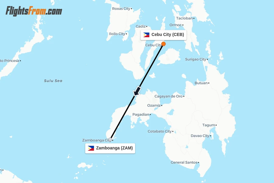 Flights from Cebu City to Zamboanga route map