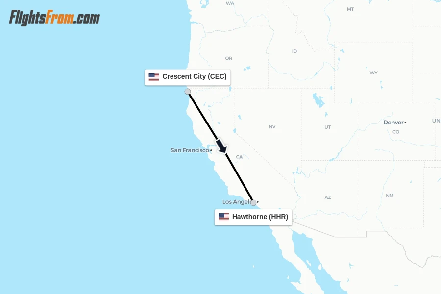 Flights from Crescent City to Hawthorne route map