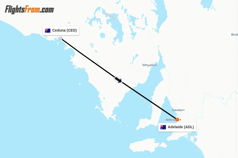 Flights from Ceduna to Adelaide route map
