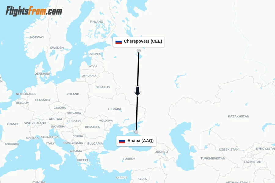 Flights from Cherepovets to Anapa route map