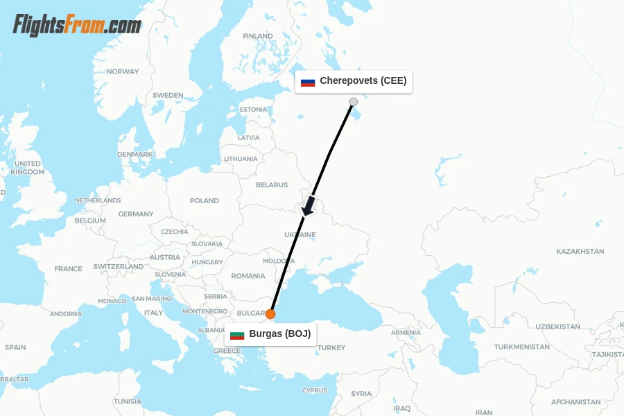 Flights from Cherepovets to Burgas route map