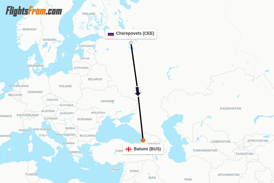 Flights from Cherepovets to Batumi route map