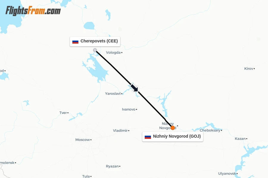 Flights from Cherepovets to Nizhniy Novgorod route map