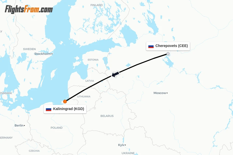 Flights from Cherepovets to Kaliningrad route map