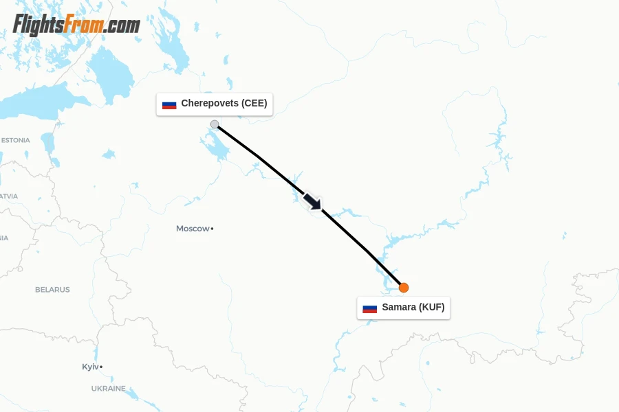 Flights from Cherepovets to Samara route map