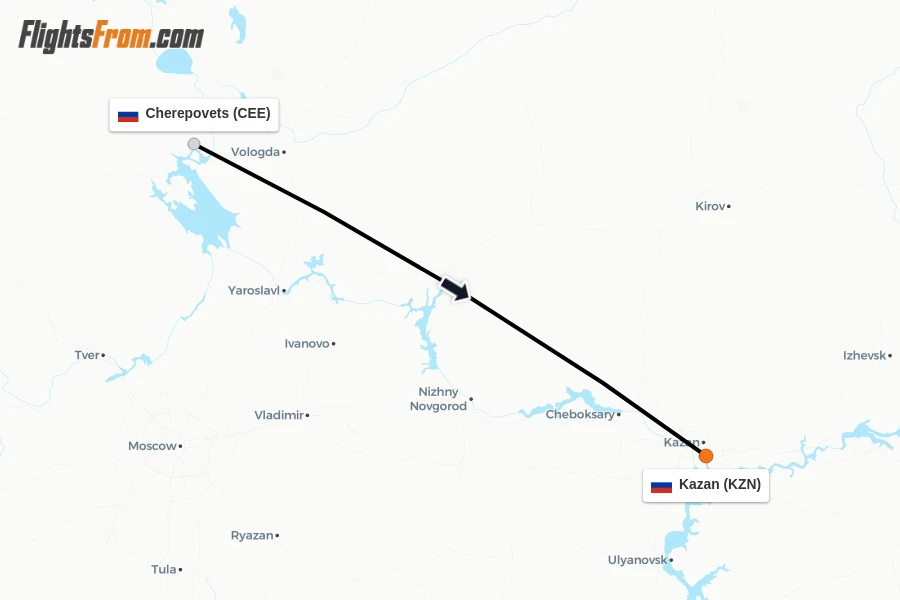 Flights from Cherepovets to Kazan route map