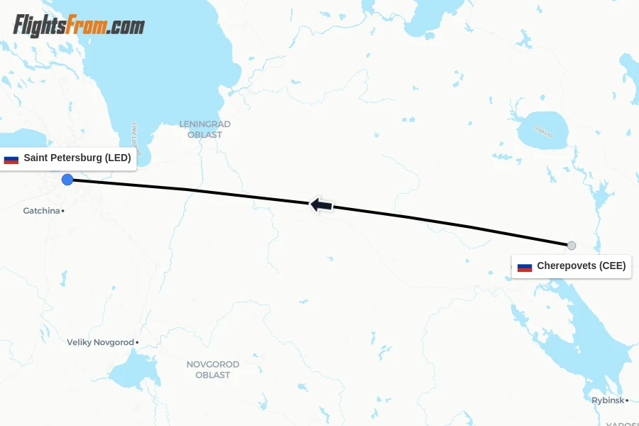 Flights from Cherepovets to Saint Petersburg route map