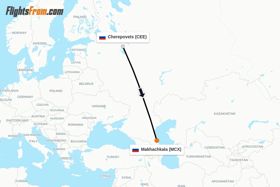 Flights from Cherepovets to Makhachkala route map