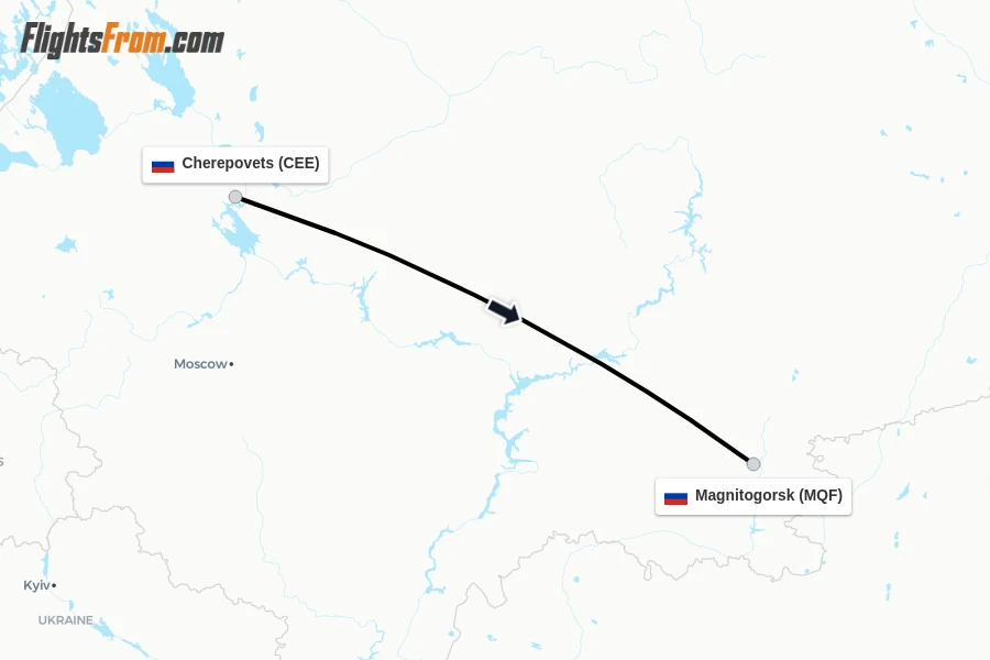 Flights from Cherepovets to Magnitogorsk route map