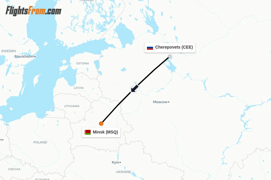 Flights from Cherepovets to Minsk route map