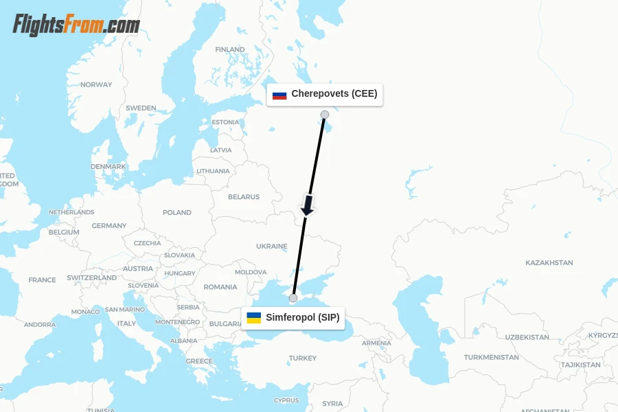 Flights from Cherepovets to Simferopol route map