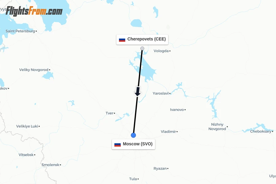 Flights from Cherepovets to Moscow route map