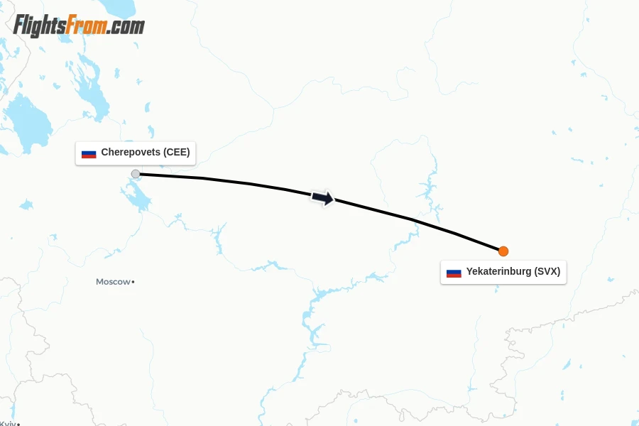 Flights from Cherepovets to Yekaterinburg route map
