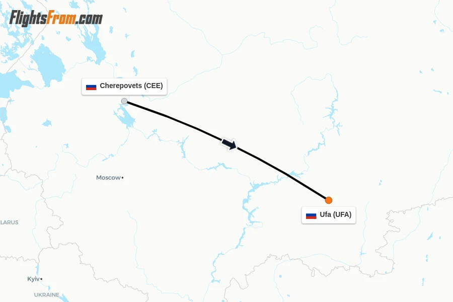 Flights from Cherepovets to Ufa route map