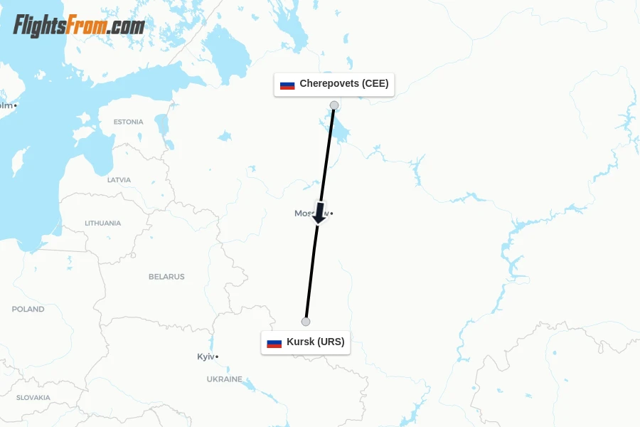 Flights from Cherepovets to Kursk route map