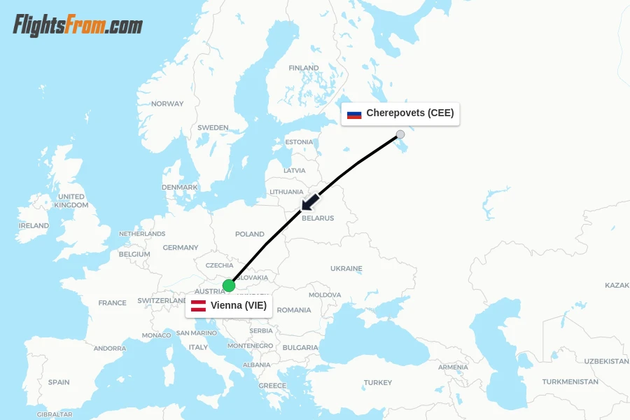 Flights from Cherepovets to Vienna route map