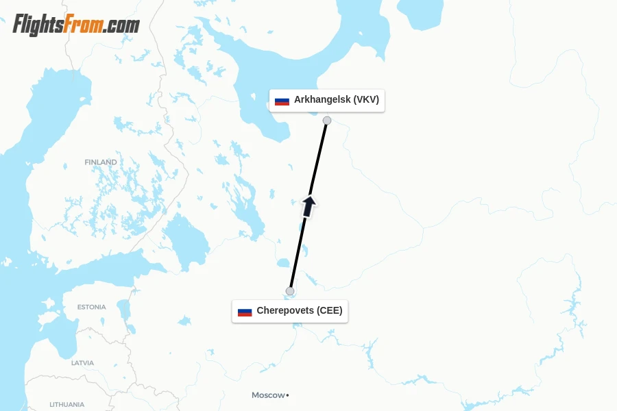 Flights from Cherepovets to Arkhangelsk route map