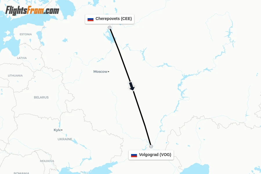 Flights from Cherepovets to Volgograd route map