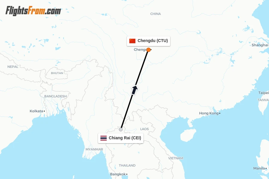 Flights from Chiang Rai to Chengdu route map
