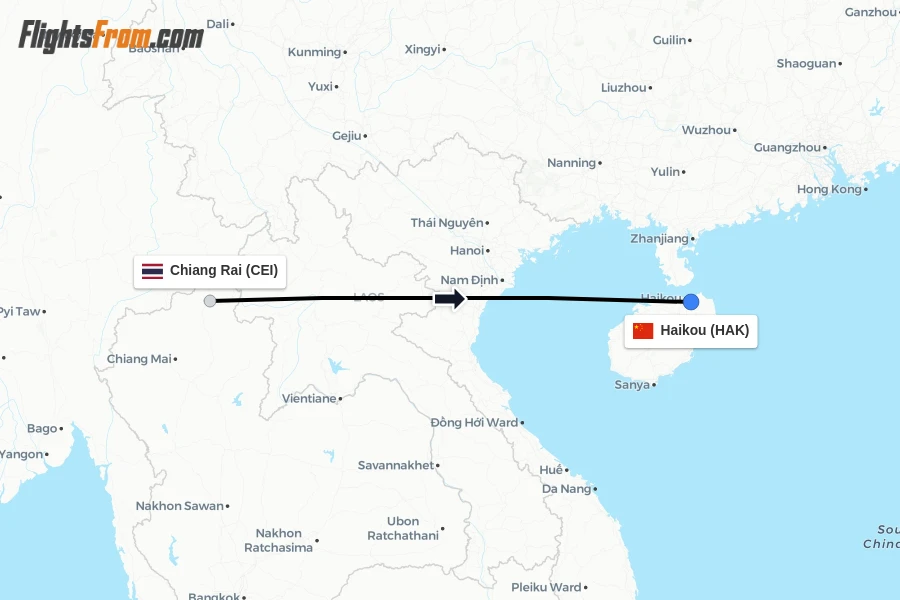 Flights from Chiang Rai to Haikou route map