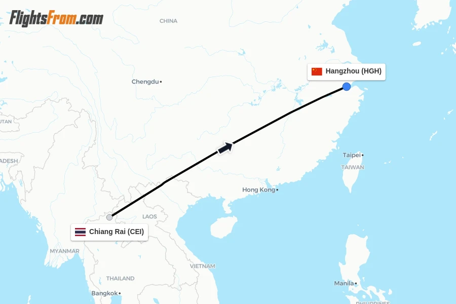 Flights from Chiang Rai to Hangzhou route map