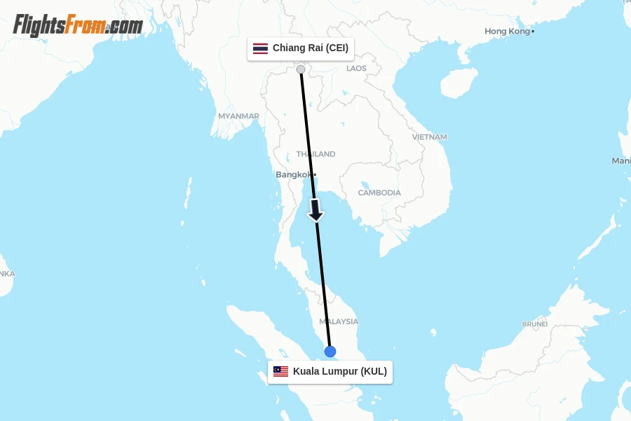 Flights from Chiang Rai to Kuala Lumpur route map
