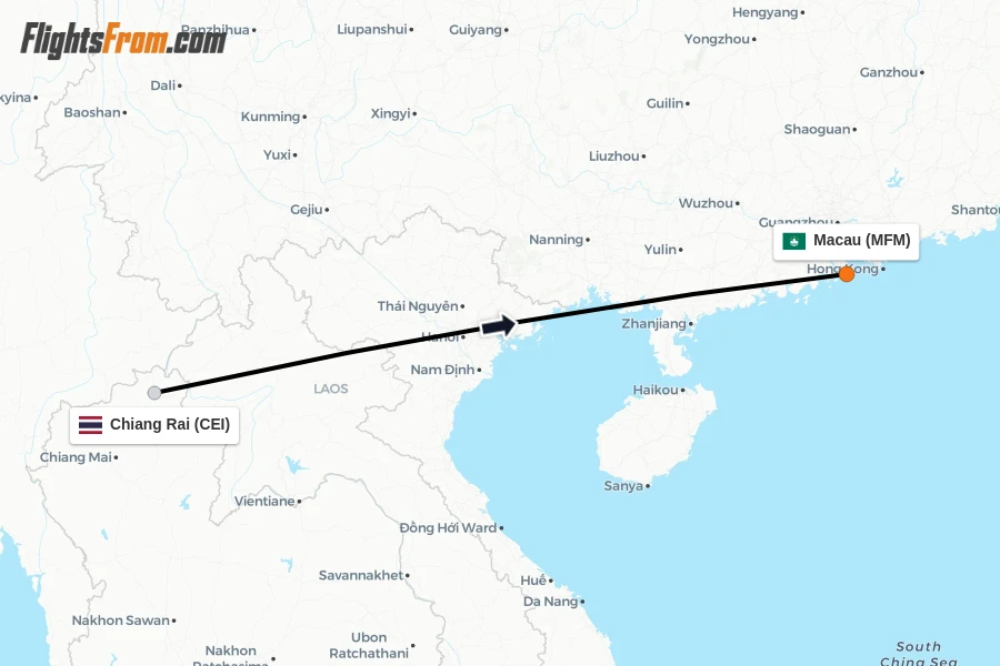 Flights from Chiang Rai to Macau route map