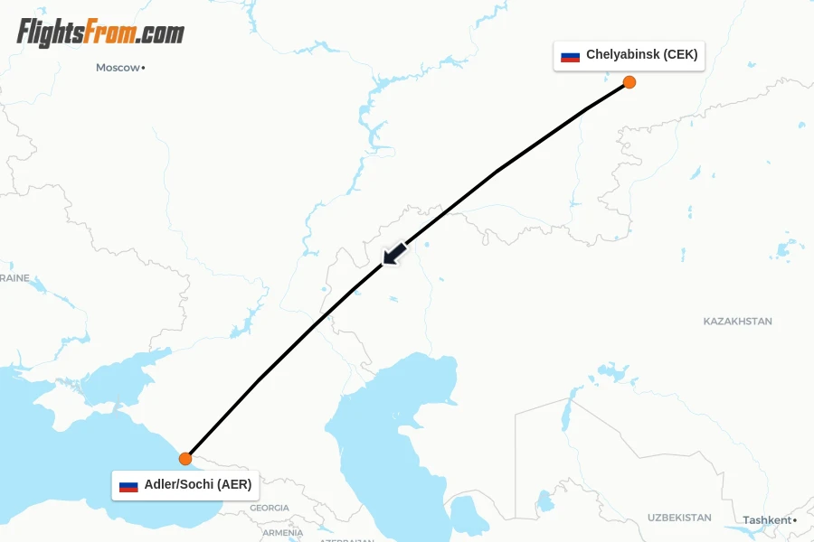 Flights from Chelyabinsk to Adler/Sochi route map