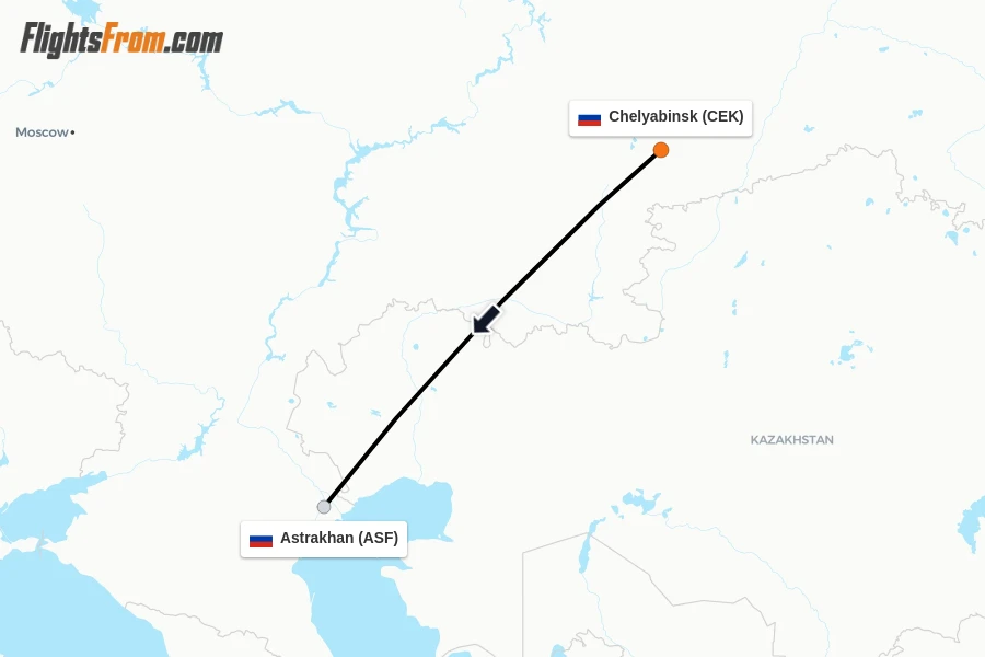 Flights from Chelyabinsk to Astrakhan route map