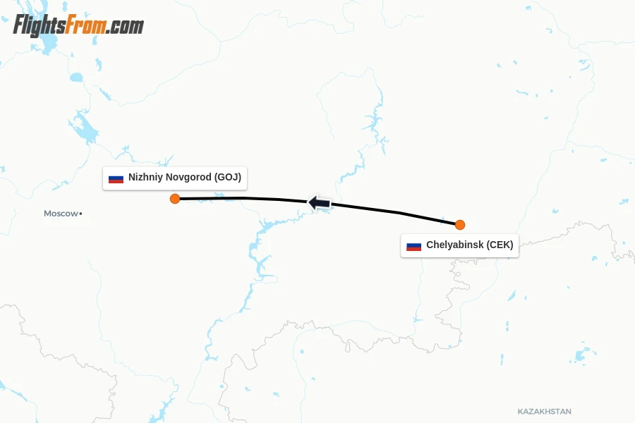 Flights from Chelyabinsk to Nizhniy Novgorod route map