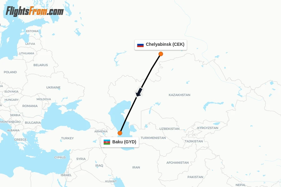 Flights from Chelyabinsk to Baku route map