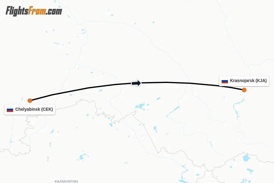 Flights from Chelyabinsk to Krasnojarsk route map