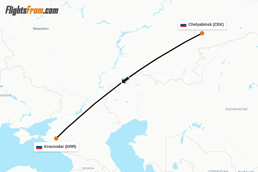 Flights from Chelyabinsk to Krasnodar route map