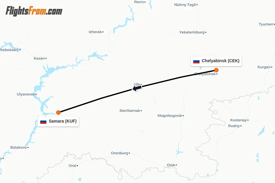 Flights from Chelyabinsk to Samara route map