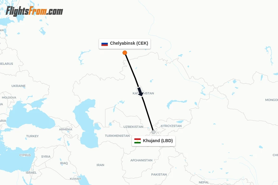 Flights from Chelyabinsk to Khujand route map