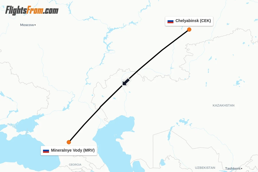 Flights from Chelyabinsk to Mineralnye Vody route map