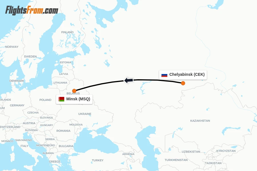 Flights from Chelyabinsk to Minsk route map