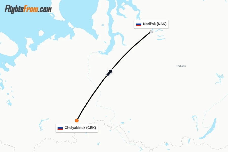 Flights from Chelyabinsk to Noril'sk route map