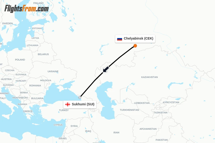 Flights from Chelyabinsk to Sukhumi route map