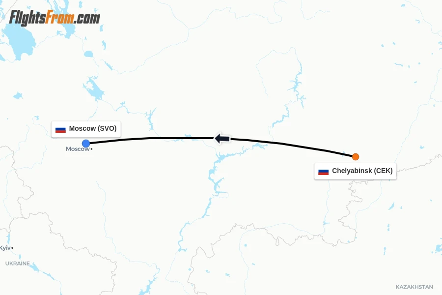Flights from Chelyabinsk to Moscow route map