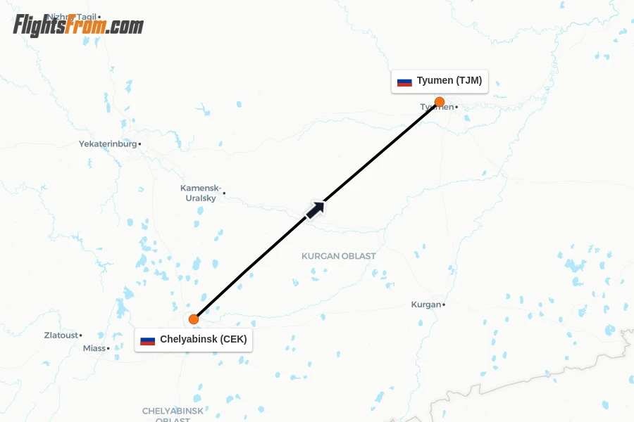 Flights from Chelyabinsk to Tyumen route map