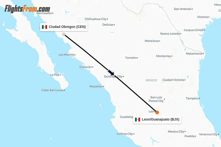Flights from Ciudad Obregon to Leon/Guanajuato route map