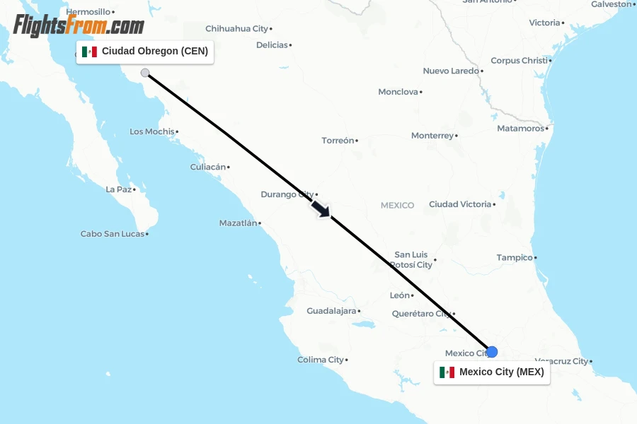 Flights from Ciudad Obregon to Mexico City route map