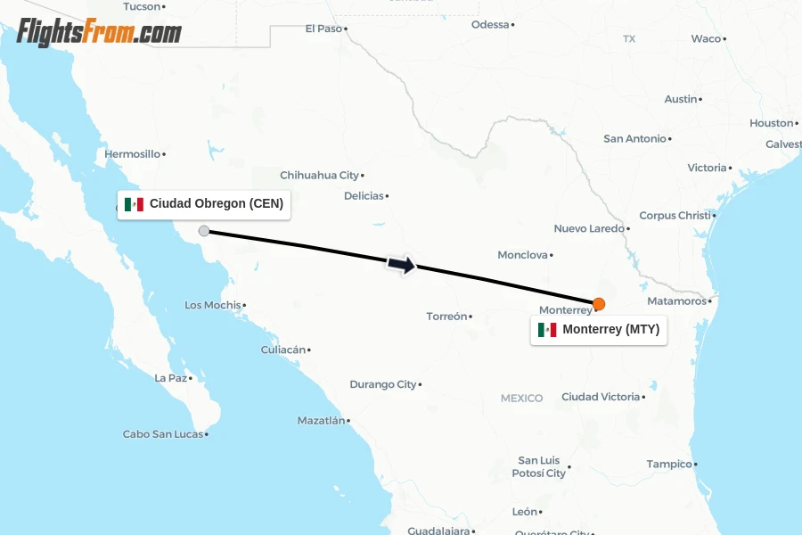 Flights from Ciudad Obregon to Monterrey route map